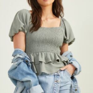Altar'd State Green Blouse Puff Short Sleeves Small